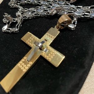 Gold cross with the long silver plated necklace